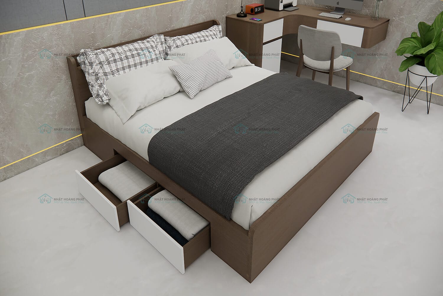 Giường ngủ gỗ MDF Melamine 2 ngăn kéo GN.NHP.Mel 001